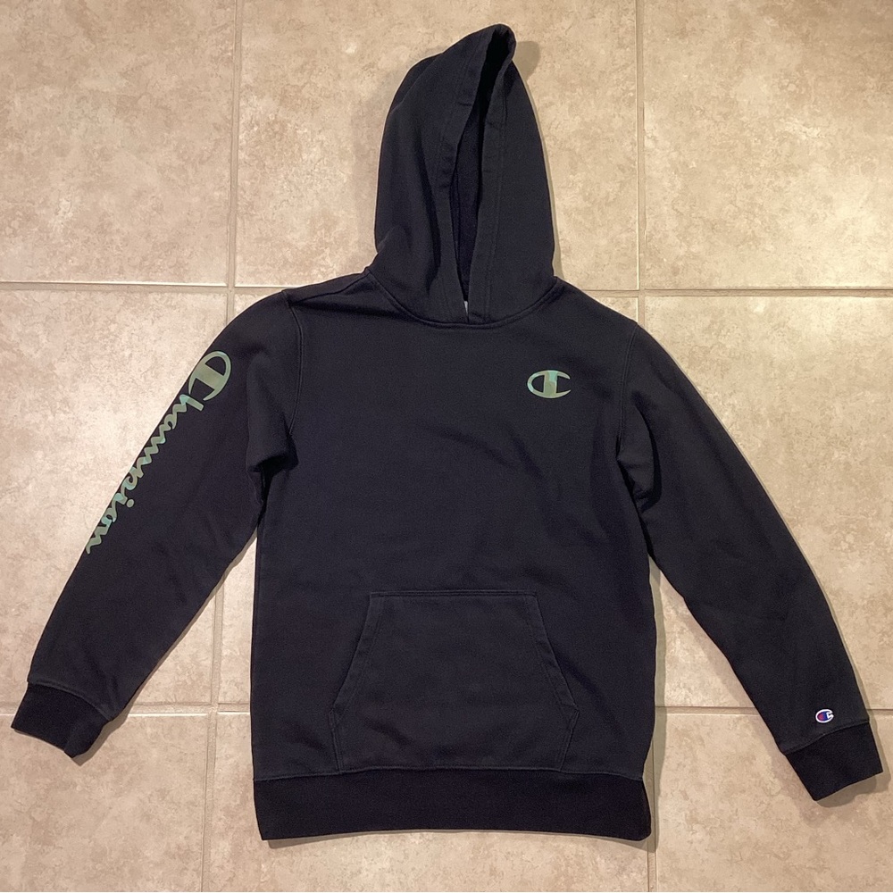 Champion Black Hooded Sweatshirt Camouflage Logo Boys Large 14